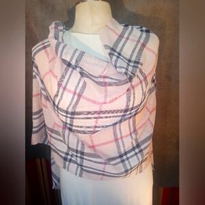Pink, with Black and Red Grid pattern, mid weight scarf. 72X24"